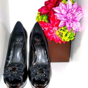 Vince Camuto floral, gem patent leather peep toe